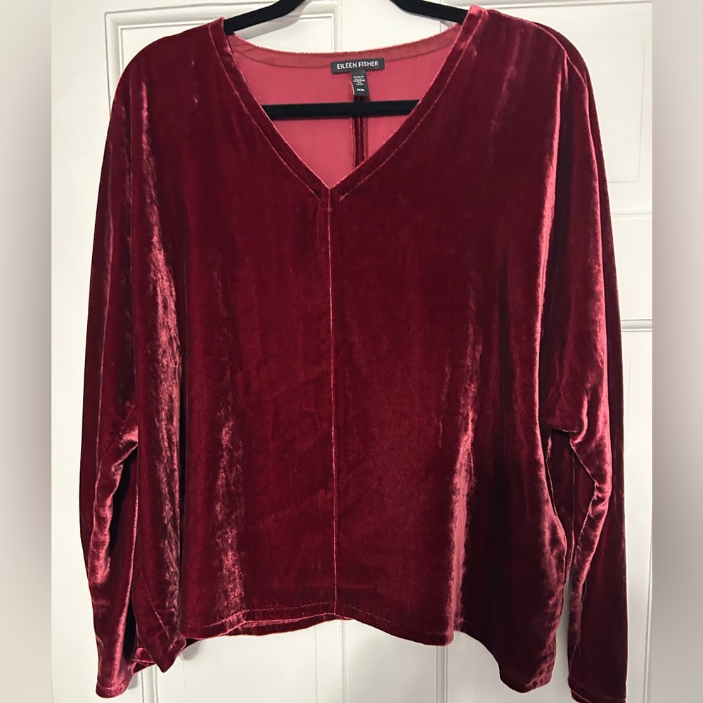Eileen Fisher Deep Red Velvet V-Neck Sweatshirt